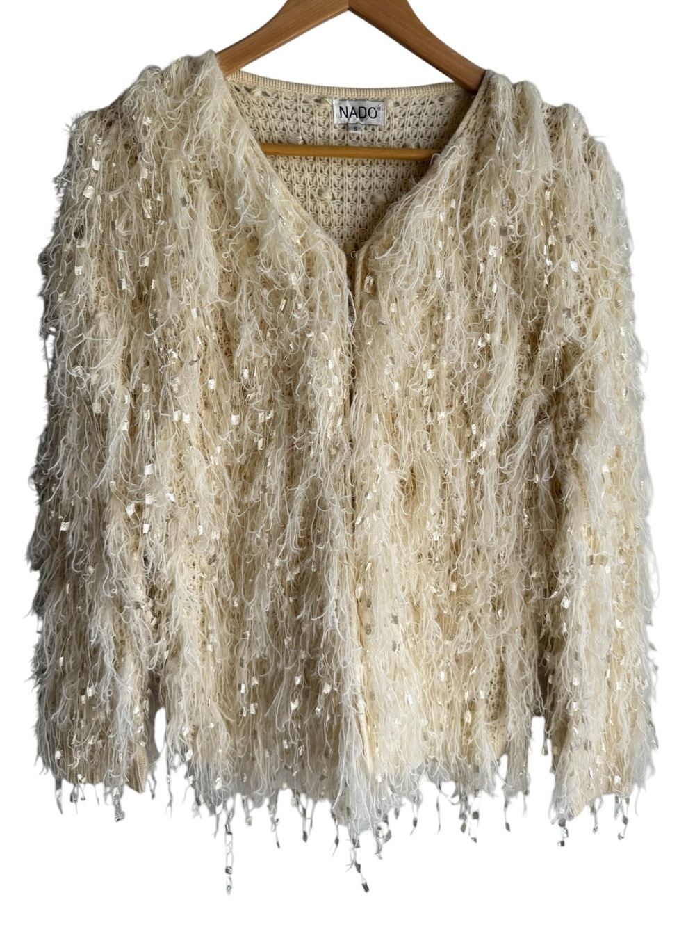 Shaggy Fringe Cardigan Sweater Sz Small Cream Boho Textured Open Knit Apres Ski